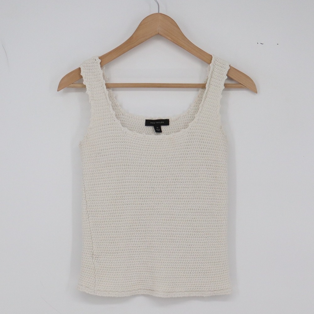 Ann Taylor Tank Top Womens XS Knit Scoop Neck Cream Scalloped Cotton Excellent